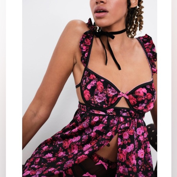 For Love and Lemon Lola Babydoll dress-  Black Pink Floral - Picture 1 of 6